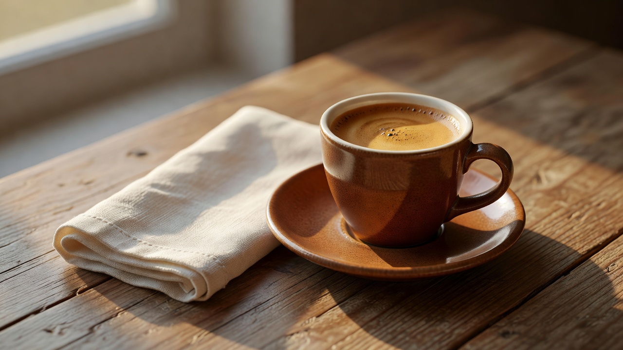 Close-up of a small espresso cup on a saucer beside a folded linen napkin at sunrise