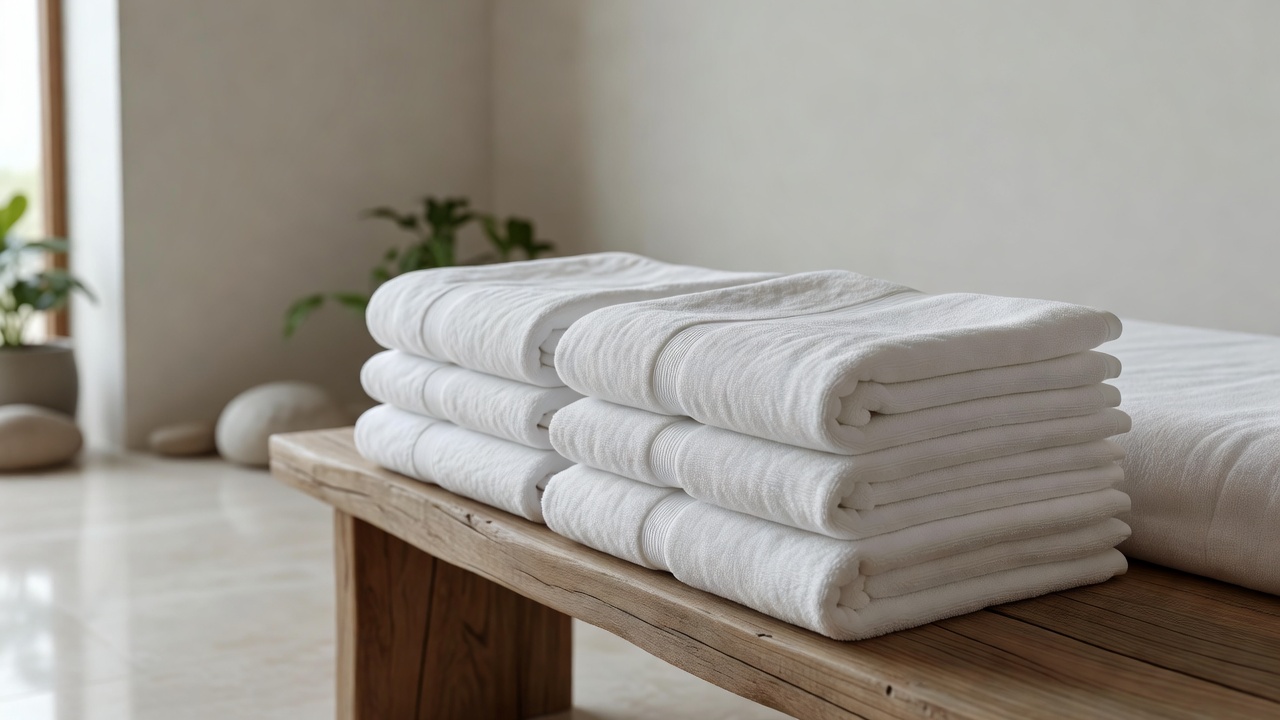 Neatly folded white linen towels stacked on a wooden bench in a quiet spa room