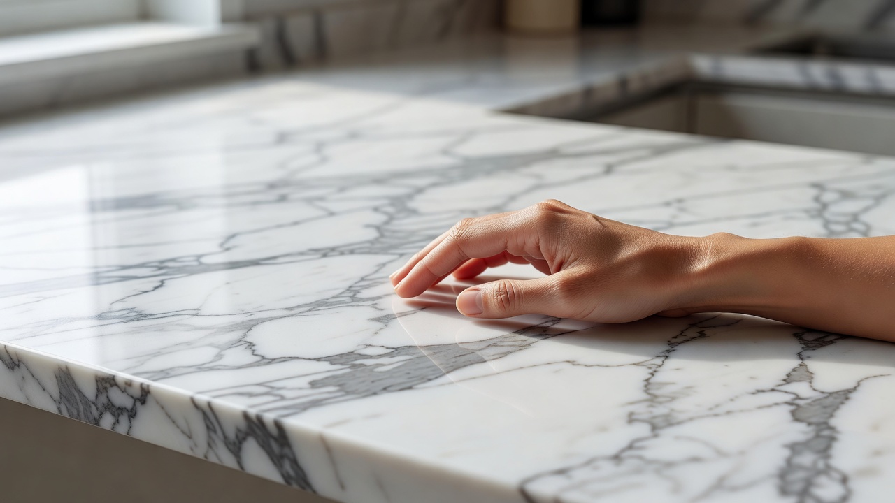 Close-up of a hand resting on a veined white marble kitchen counter in soft daylight