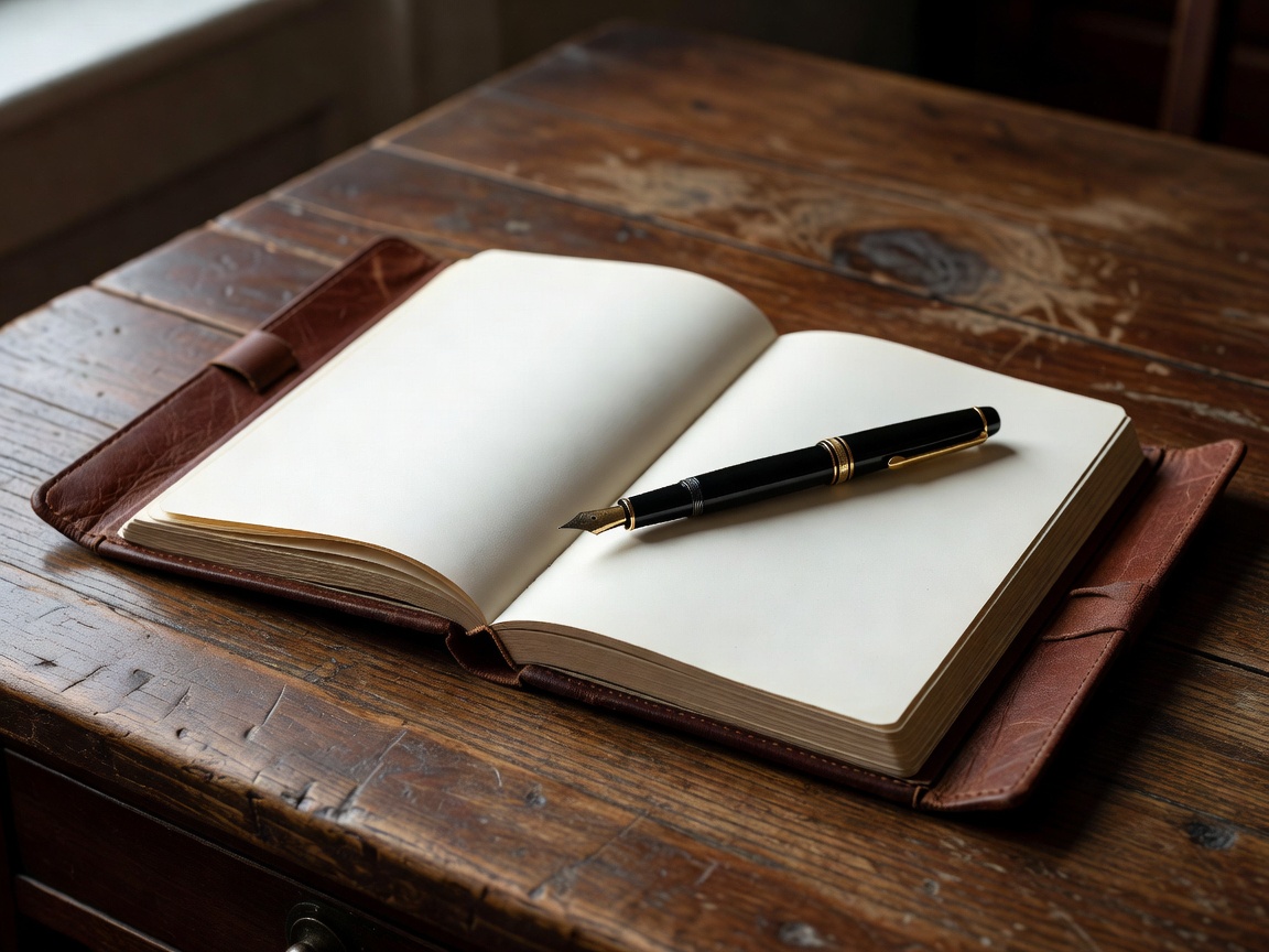 Close-up of an open household ledger with handwritten columns and a fountain pen