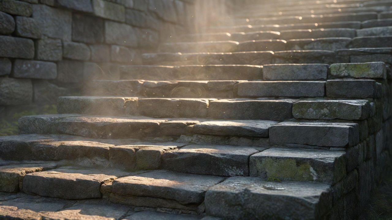Soft morning light falling across the steps of a quiet stone staircase